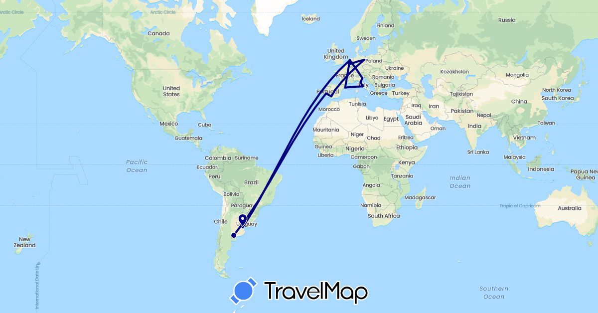 TravelMap itinerary: driving in Argentina, Belgium, Germany, Spain, Italy, Netherlands, Portugal (Europe, South America)